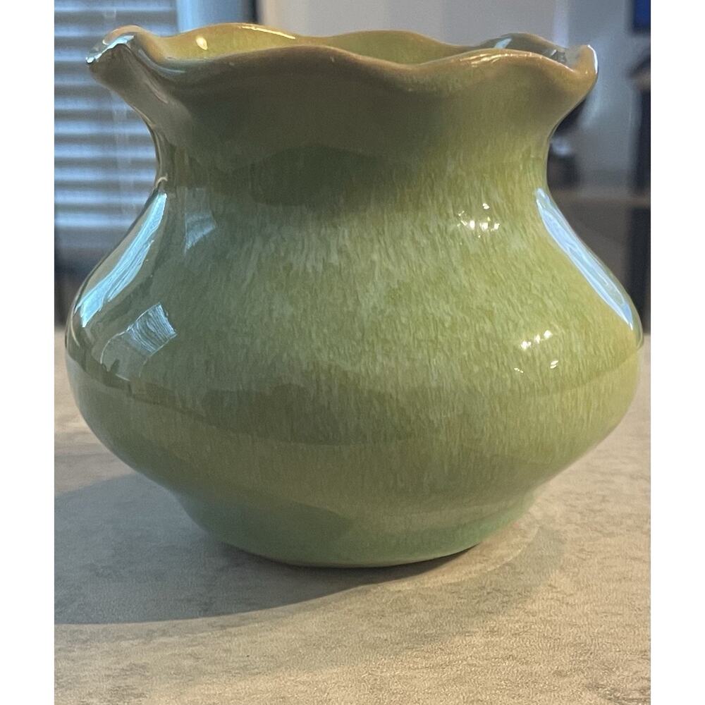 Studio Art Pottery Squat Flambé Green Glaze Vase With Ruffle Rim